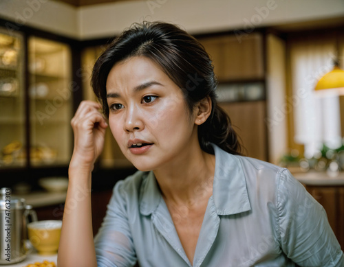 photo of beautiful asian woman as a wife with curious face feeling at kitchenroom  generative AI