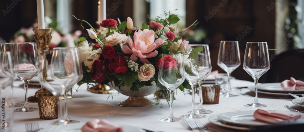 A table adorned with elegant wedding decorations set for a formal dinner, complete with sparkling wine glasses and fresh flowers creating a sophisticated and inviting ambiance.