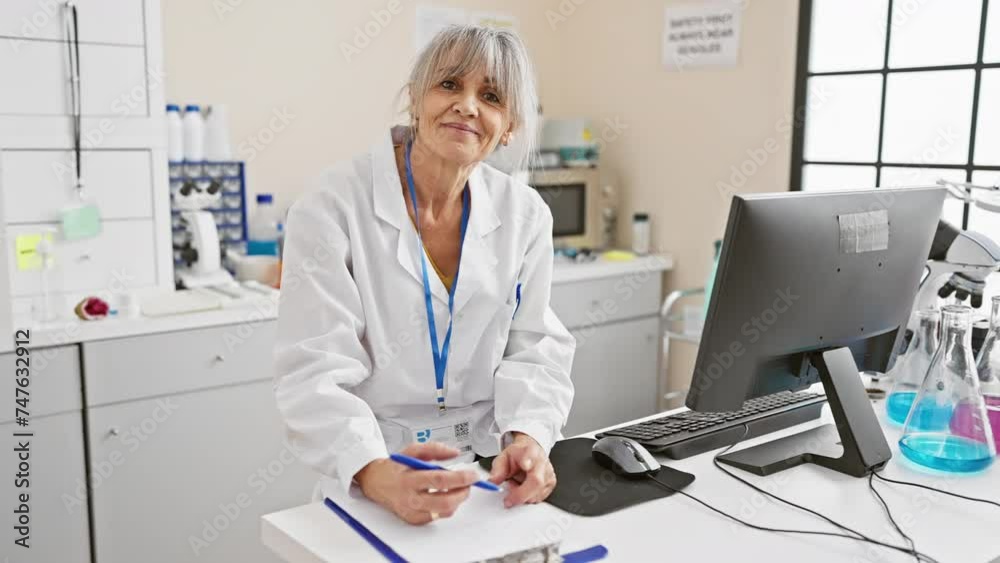 Mature hispanic woman scientist working in a laboratory setting, surrounded by equipment and technology. Mature hispanic woman scientist working in a laboratory setting, surrounded by equipment and technology.