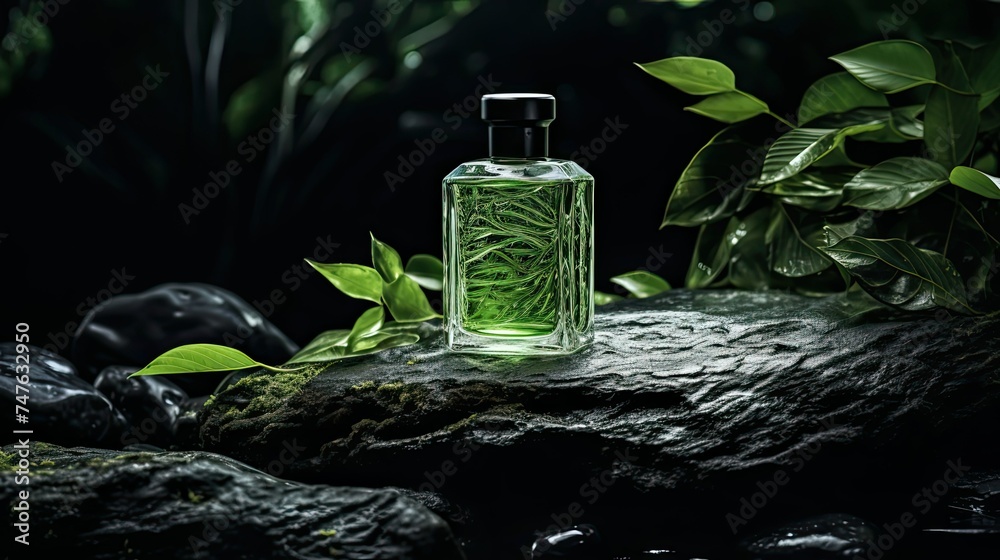 Men perfume with scent of citrus lime and bergamot. Mockup with bottle of perfume on dark background with stones and leaves. Business Template. AI generated. Concept of freshness, nature - obrazy, fototapety, plakaty 