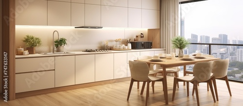 A beige home kitchen featuring a table and chairs  hardwood floors  cabinets  and a fridge. The panoramic window offers a view of Kuala Lumpur city.