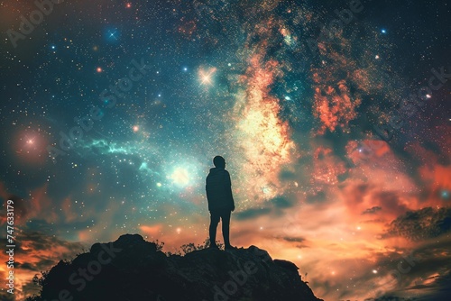 A silhouette of a man standing on a hilltop under a mesmerizing starry sky with a cosmic nebula backdrop