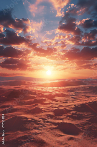 a desert landscape with the sun coming down, in the style of dark pink and azure