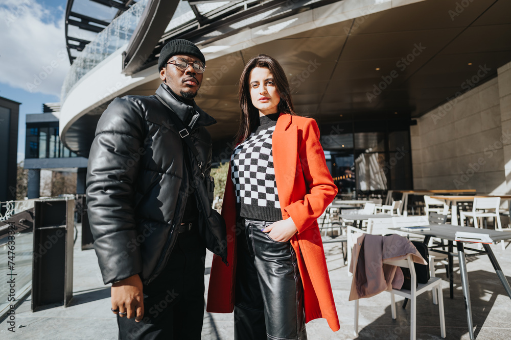 A fashionable young man and woman stand confidently at an outdoor cafe. They are dressed in modern winter attire, exuding a chic and trendy vibe.