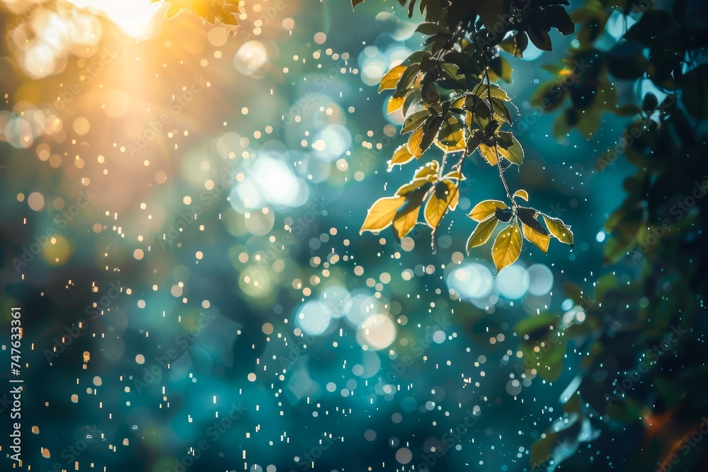 Sparkling dew drops on fresh green leaves with sun rays filtering through, creating a bokeh effect