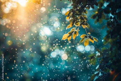 Sparkling dew drops on fresh green leaves with sun rays filtering through, creating a bokeh effect © Radomir Jovanovic