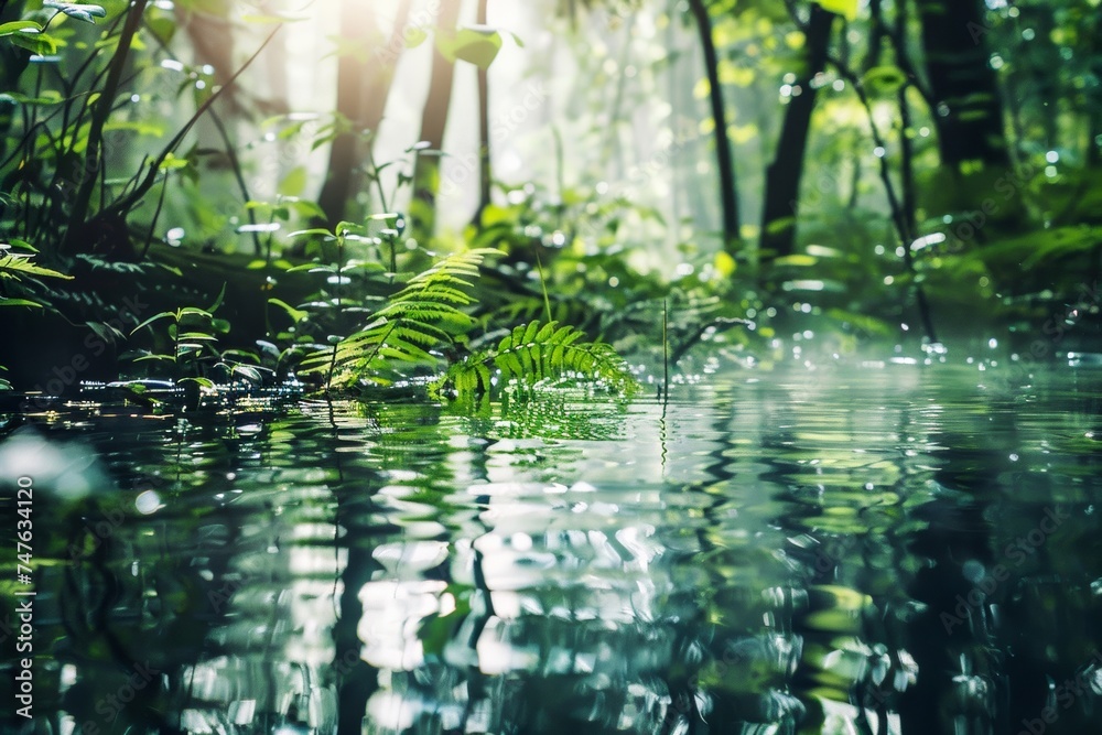 Mystical and tranquil, the forest bathed in dappled sunlight reflecting off a serene water surface Mystical and tranquil, the forest bathed in dappled sunlight reflecting off a serene water surface