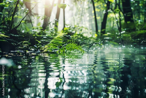 Mystical and tranquil, the forest bathed in dappled sunlight reflecting off a serene water surface