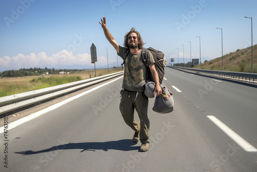 Young man hitchhiker with backpack, stands by mountain country road. Guy went on trip alone, trying to stop passing car. Travel concept.