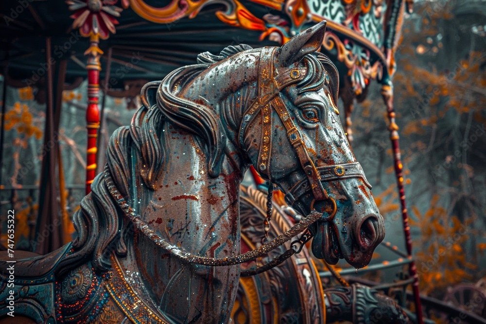 Obraz premium Close-up of an intricately designed vintage carousel horse with a deep, moody forest backdrop, evoking feelings of nostalgia