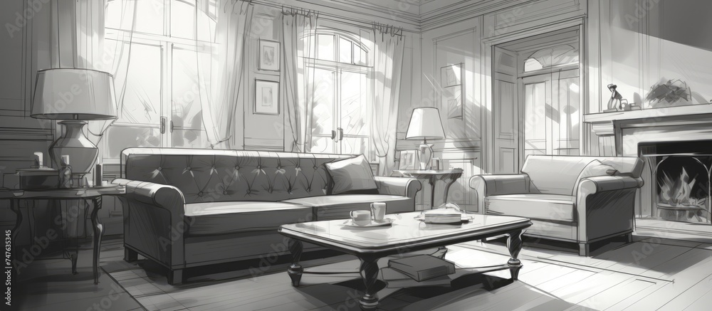 The black and white living room features a vintage sofa, a coffee table, a rug, and framed artwork on the walls. The room is well-organized and elegant with a classic design aesthetic. The black and white living room features a vintage sofa, a coffee table, a rug, and framed artwork on the walls. The room is well-organized and elegant with a classic design aesthetic.