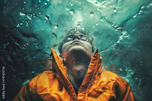 A striking underwater perspective showing a person's tranquil upward gaze, amidst exquisite light refraction