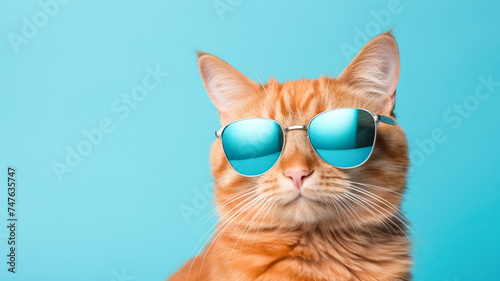 Cool ginger cat wearing sunglasses in studio with a colorful and bright background.