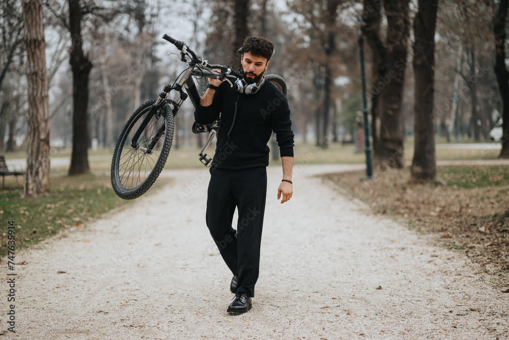 An active entrepreneur taking a break from business to enjoy cycling in a calm, outdoor setting.