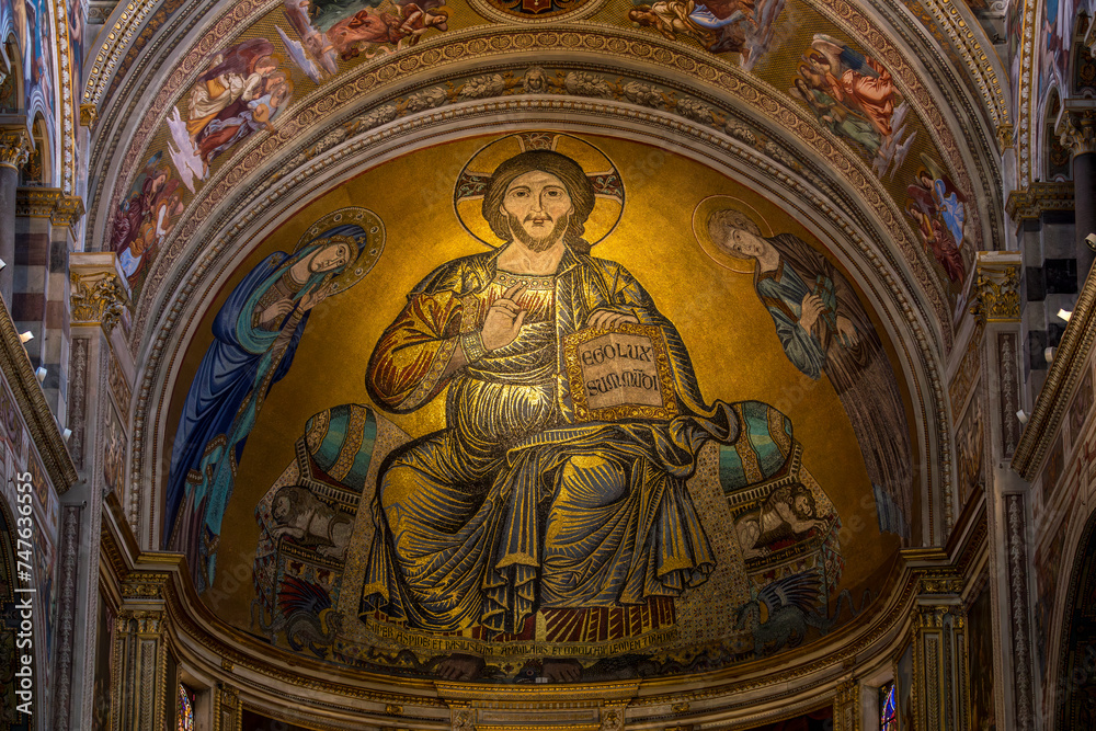 Pisa, Italy - July 30, 2023: Mosaic of Christ in majesty, in the apse of the Cathedral of Pisa, Piazza dei Miracoli