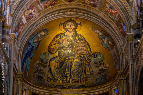 Pisa  Italy - July 30  2023  Mosaic of Christ in majesty  in the apse of the Cathedral of Pisa  Piazza dei Miracoli