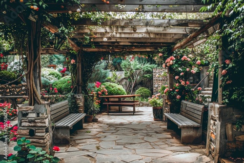A picturesque garden pathway under an arbor, adorned with vibrant blooming roses and tranquil seating areas