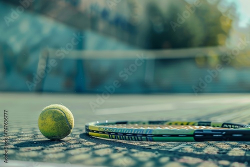 A close-up shot of a tennis ball beside a racket on a clay court, symbolizing competition and skill © Radomir Jovanovic
