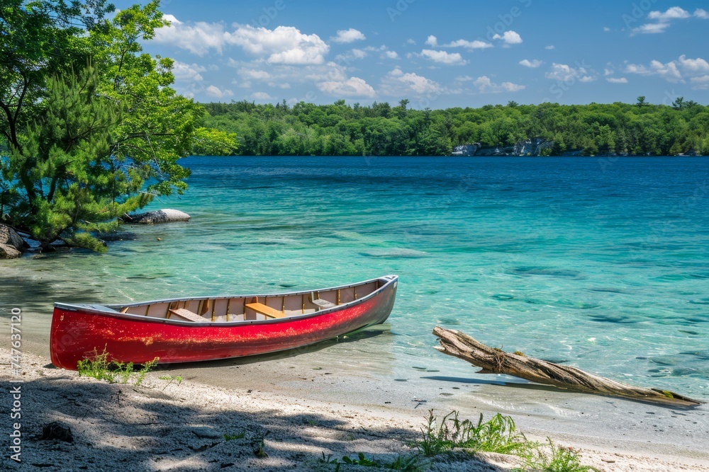 A red canoe rests on the banks of a serene lake surrounded by greenery and clear water