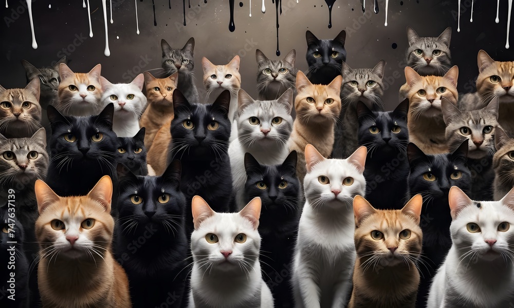 A diverse gathering of cats gaze curiously at the viewer, offering a spectacle of different breeds and colors. Their combined expressions capture a striking blend of inquisitiveness and poise.