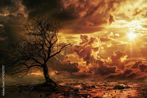 Lonely leafless tree stands under a fiery sunset sky amidst a desolate landscape, evoking themes of solitude and the passage of time