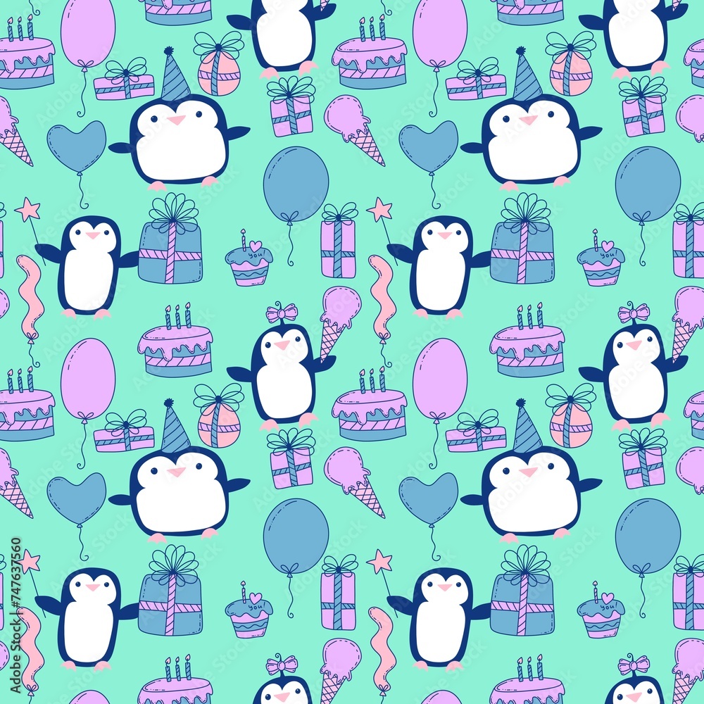 Birthday party animals seamless penguin pattern for wrapping paper and fabrics and kids print and summer print Birthday party animals seamless penguin pattern for wrapping paper and fabrics and kids print and summer print