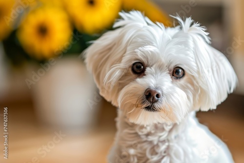 A detailed close-up of a curious Maltese dog looking at the camera against a soft background, capturing the pet's innocence and charm