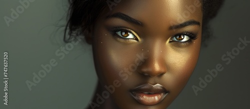 A close-up view of an attractive young African womans face adorned with captivating makeup, showcasing her stunning charm and beauty.
