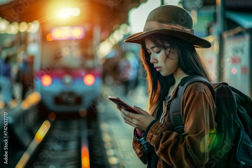 Fashionable young woman in trendy attire using a smartphone at a train station with motion blur
