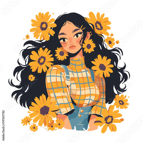 Beautiful brunette girl with long hair  surrounded by yellow flowers. Beautiful flat cartoon style hand drawn illustration isolated