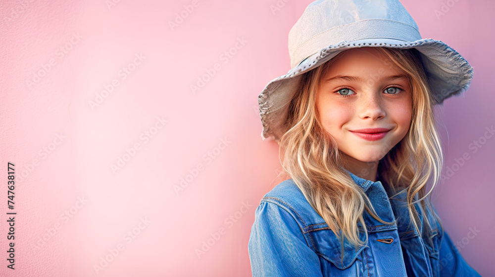 Joyful child in light hat and denim jacket against a pink wall, creating a delightful portrait. Joyful child in light hat and denim jacket against a pink wall, creating a delightful portrait.