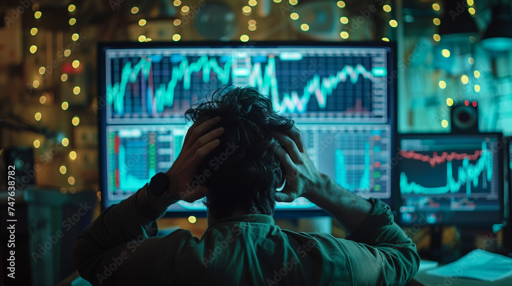 a man holds his head with two hands, looking at a monitor with a decreasing graph, downward trend a man holds his head with two hands, looking at a monitor with a decreasing graph, downward trend