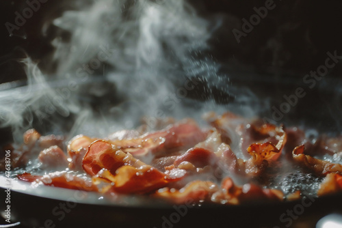 Frying bacon in a frying pan. Shallow depth of field.