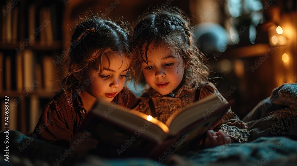 two little girls are reading a book together at night