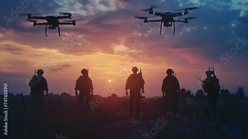 Silhouette of Soldiers using drones scouting during military, Modern army guidance views enemy positions, reconnaissance, smart war field medicine division Hospitallers search wounded on battlefield photo
