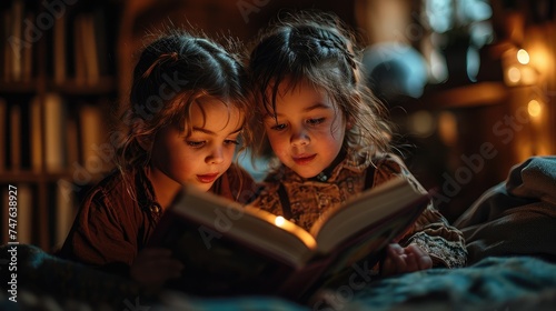 two little girls are reading a book together at night