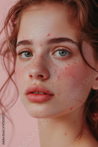 portrait of a beautiful girl with problem skin and acne isolated on a pastel pink background with copy space