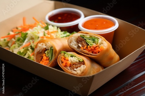 Close-up view photography of a delicious spring rolls in a bento box against a kraft paper background. AI Generation