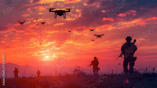 Silhouette of Soldiers using drones scouting during military  Modern army guidance views enemy positions  reconnaissance  smart war field medicine division Hospitallers search wounded on battlefield