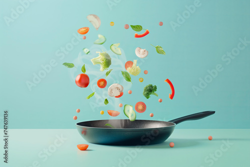 cooking ingredients floating in the air over a frying pan on a pastel background
