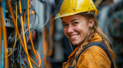 Joyful Female Electrician with Wiring, Embracing the Energy of Her Trade