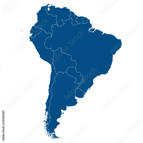 South America country Map. Map of South America in blue color.