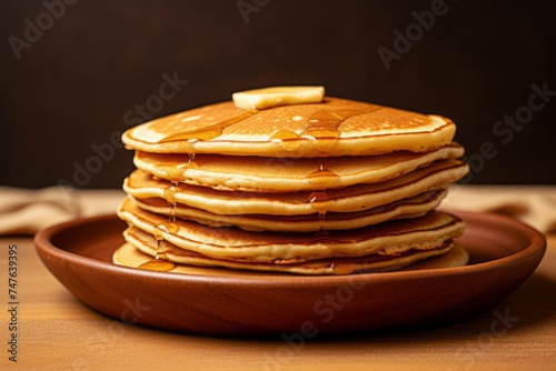 Macro view photography of a delicious pancakes on a plastic tray against a kraft paper background. AI Generation