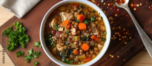 A flavorful soup made with lentils, chicken, vegetables, and spices fills a white bowl placed on a sturdy wooden cutting board.