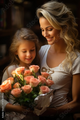 a woman and a little girl are holding a bouquet of roses. mothers Day © Виктория Попова