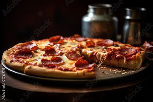 Highly detailed close-up photography of an hearty pizza on a porcelain platter against an aged metal background. AI Generation
