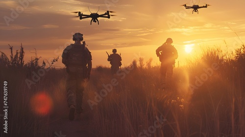 Silhouette of Soldiers using drones scouting during military, Modern army guidance views enemy positions, reconnaissance, smart war field medicine division Hospitallers search wounded on battlefield photo