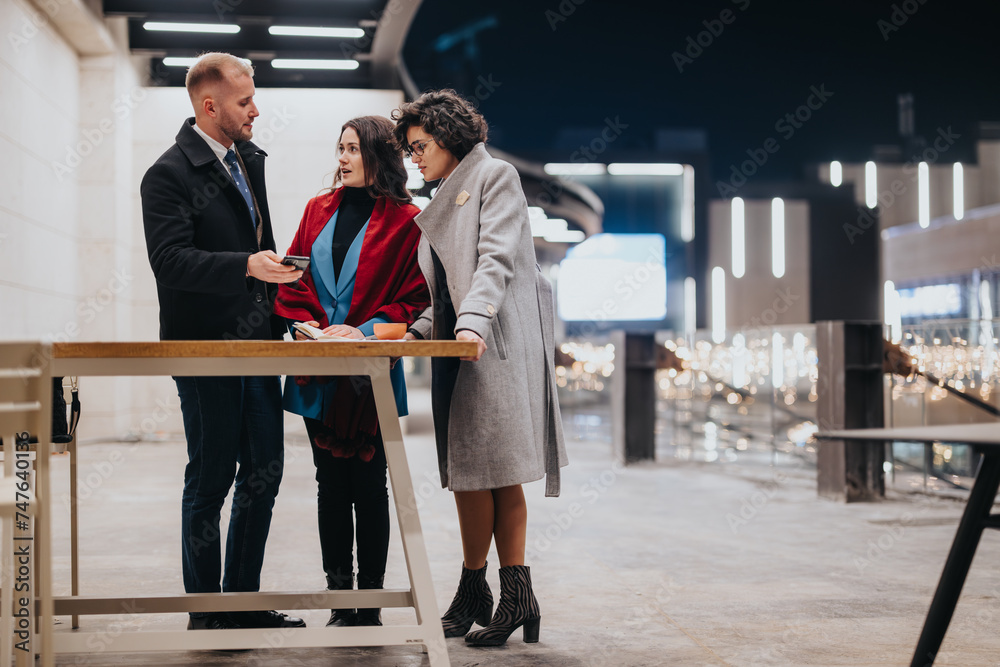 Obraz premium Three business people engage in a serious discussion at a contemporary outdoor location, sharing ideas and strategies at twilight.