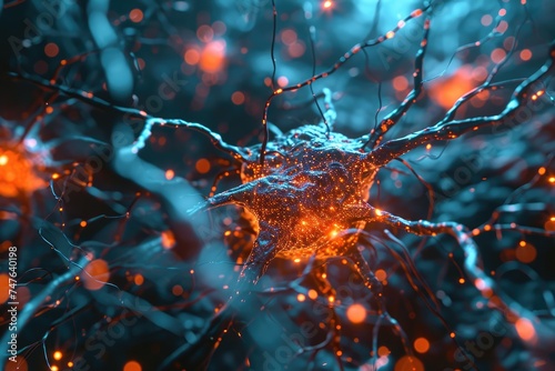 Neural networks weave through the brain, resembling a complex web of connections. The visual encapsulates the intricate dance of signals and processes within the neural landscape.