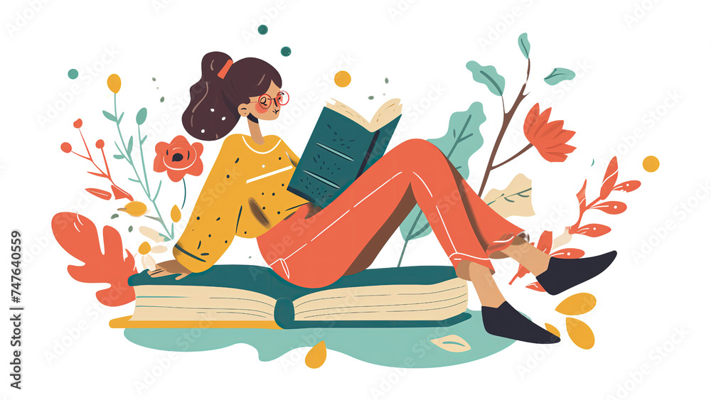 Kobieta siedzi na dużym tomie książki i skupiona czyta zawartość innej książki. Koncentruje się nad tekstem, trzymając się wygodnie i skupiając swoją uwagę na czytaniu - obrazy, fototapety, plakaty 